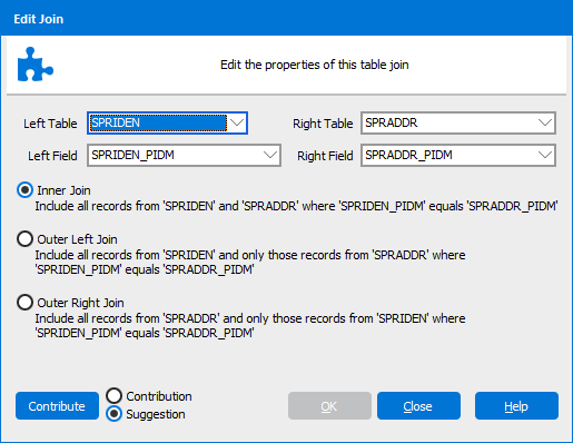 Edit Join dialog where you select the desired join type.  Join types include Inner Join, Outer Left Join, and Outer Right Join.